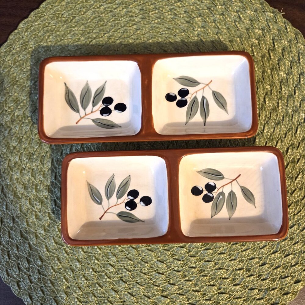 2 Inspirado Stonelite Clay Divided Dishes with Olive Pattern